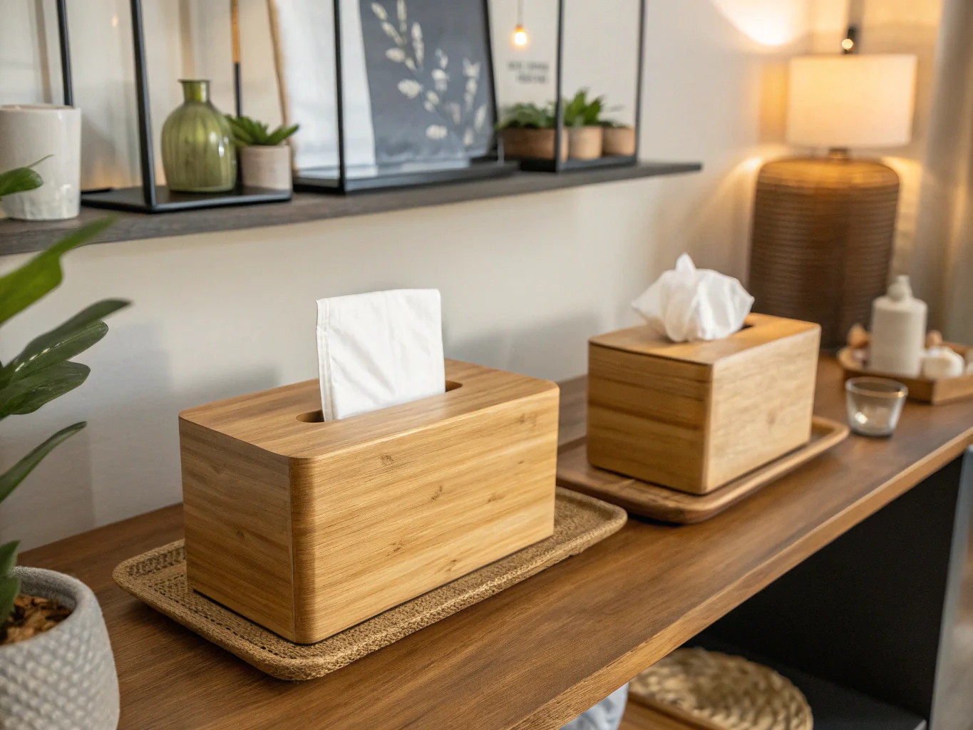 Wooden bamboo tissue boxes on decorative table
