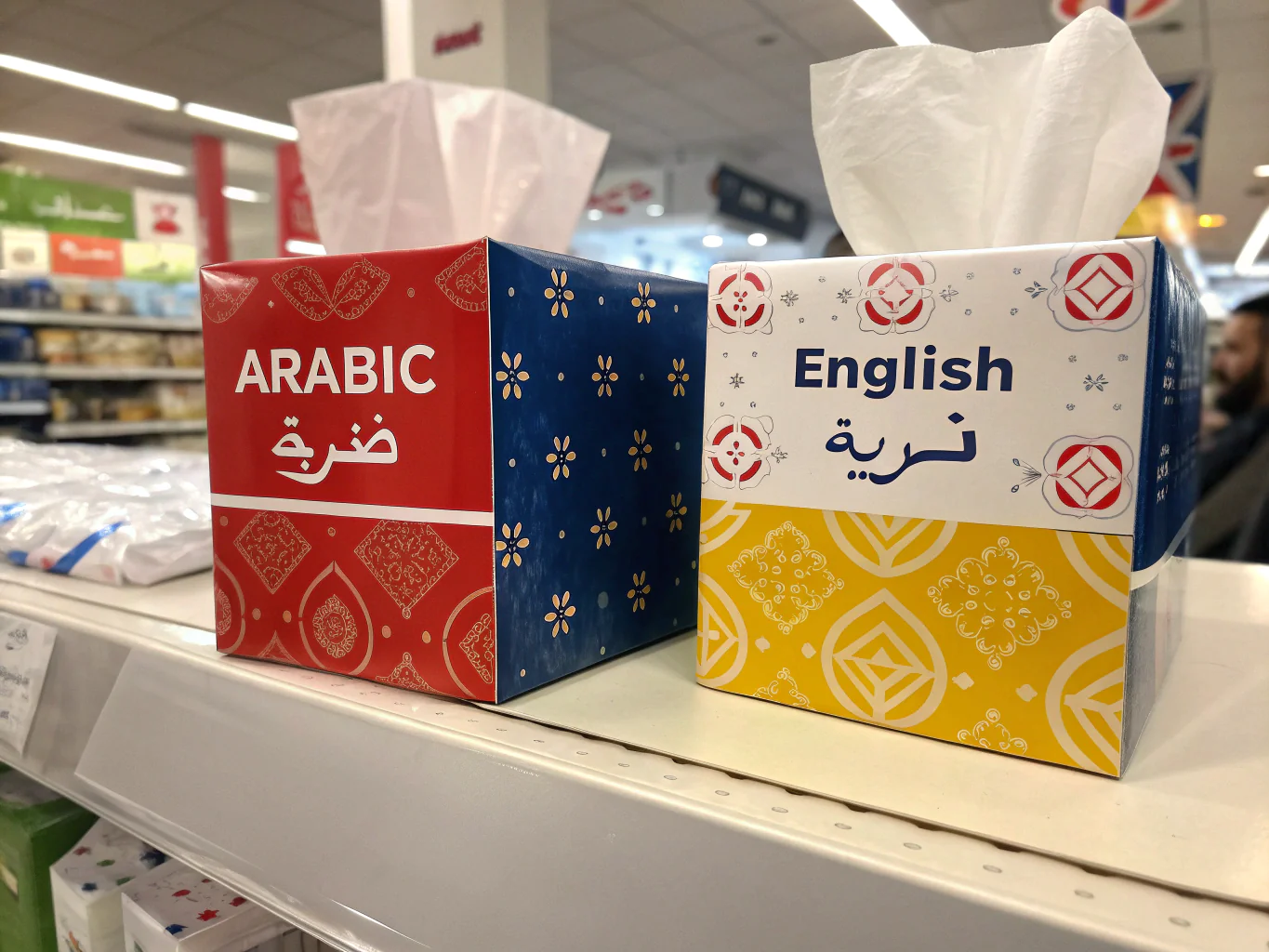 Square tissue boxes with [Arabic and English bilingual packaging](https://textpower.ae/arabic-product-packaging-translation/)[^6]