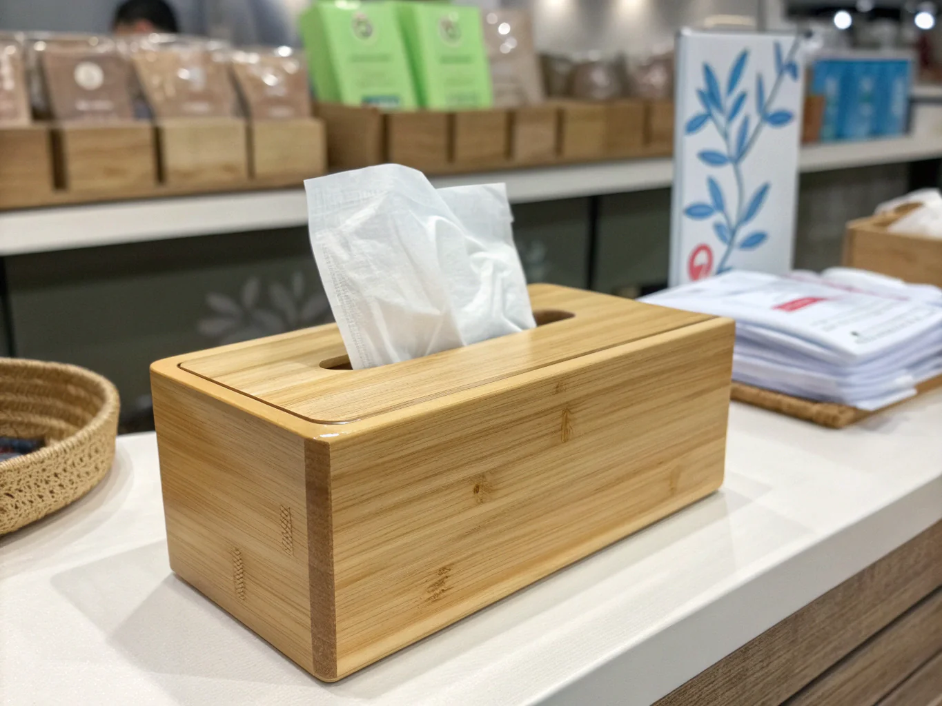 Bamboo wooden tissue box on counter display