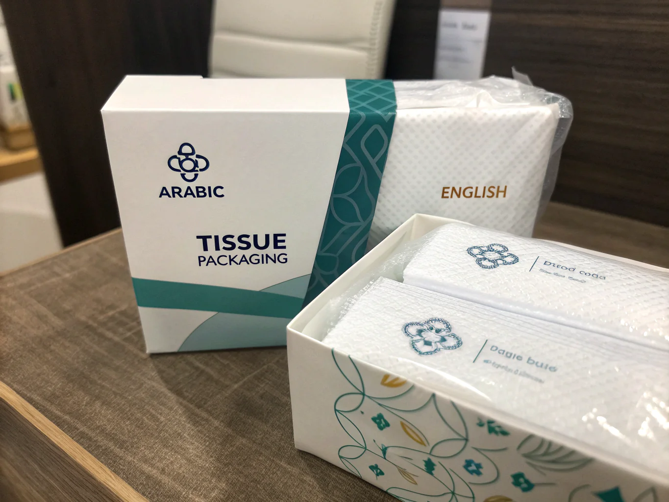 Custom tissue packaging design with bilingual Arabic and English labeling