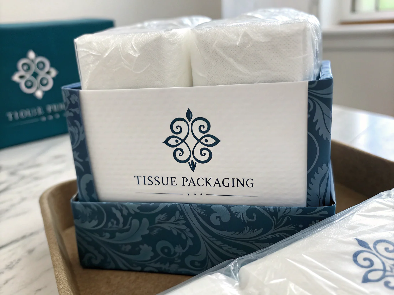 Elegant tissue packaging design with blue decorative box and folded tissues
