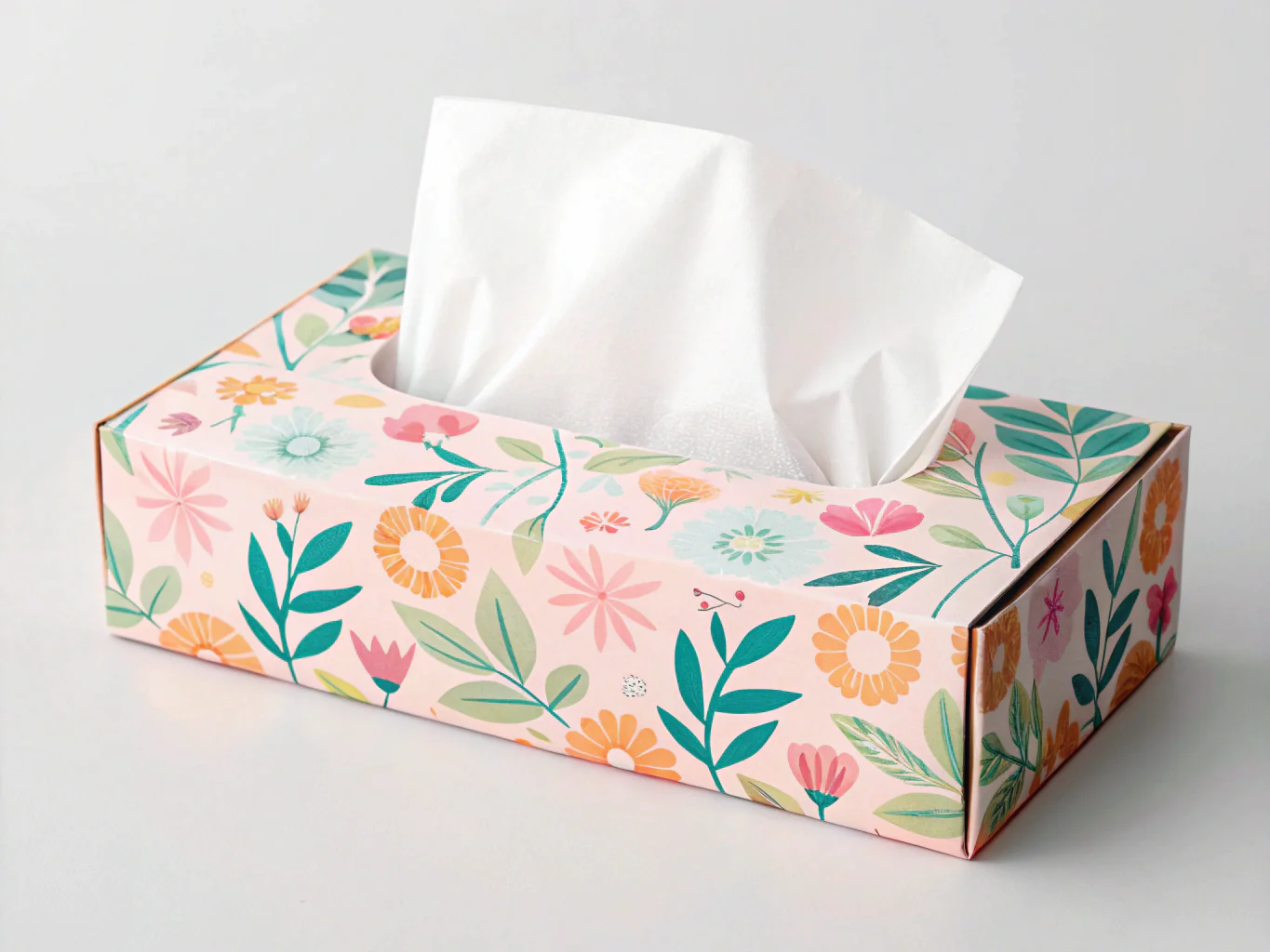 Colorful floral tissue box with soft white facial tissues