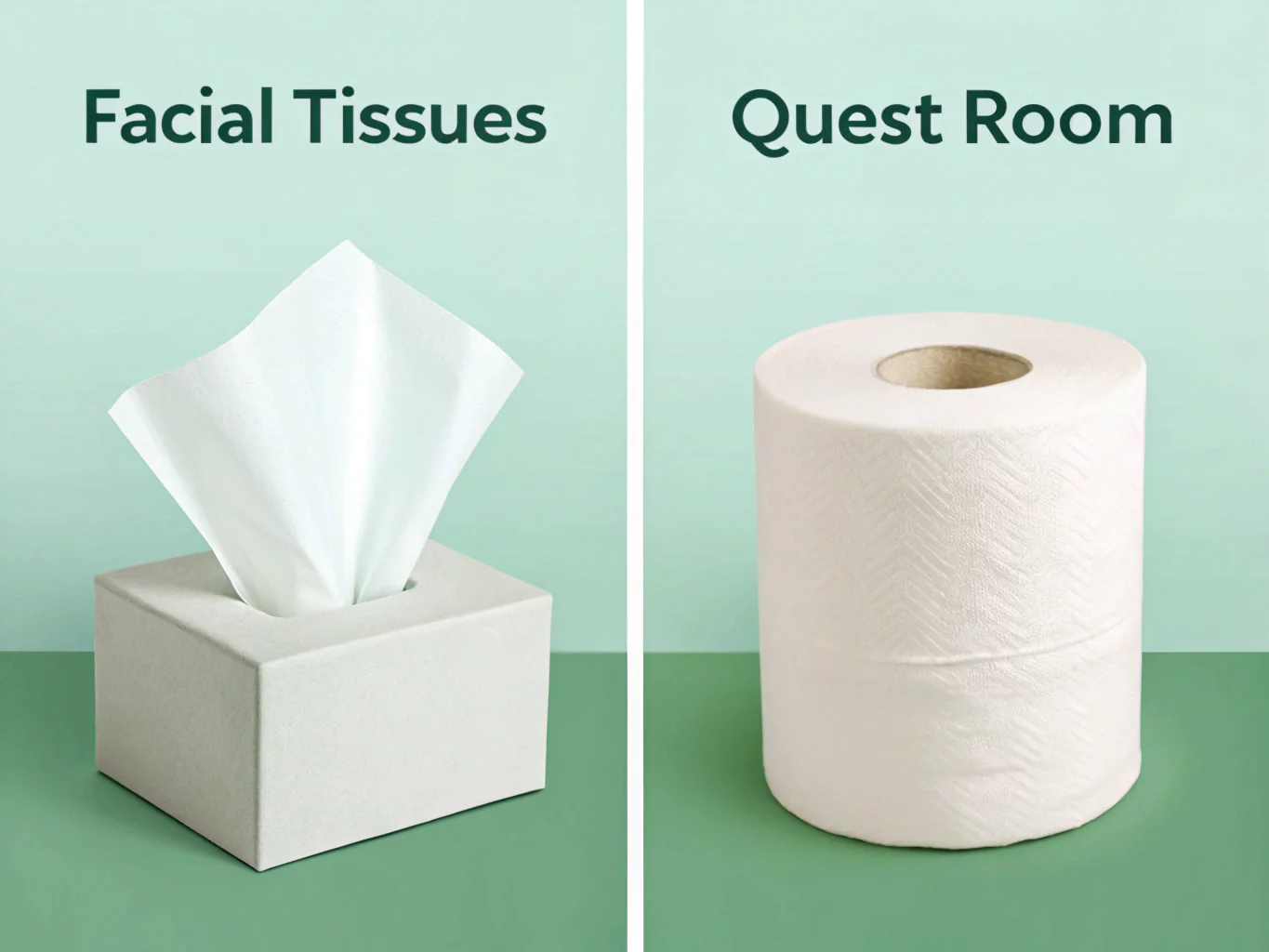Facial tissue box and toilet paper roll on green background