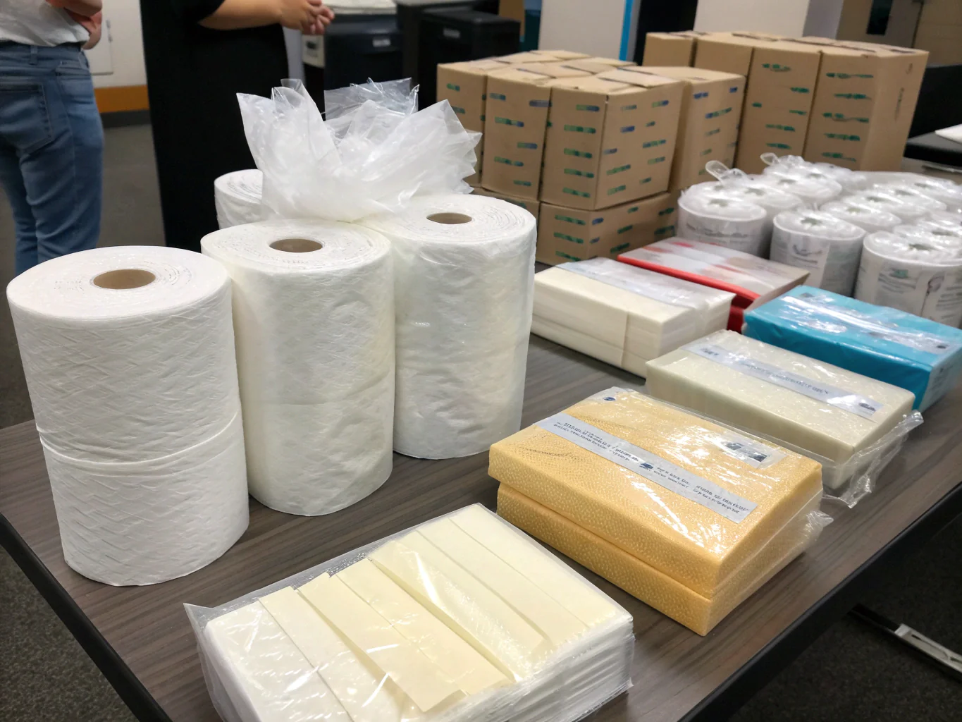 Bulk toilet paper rolls and tissue packs on display table