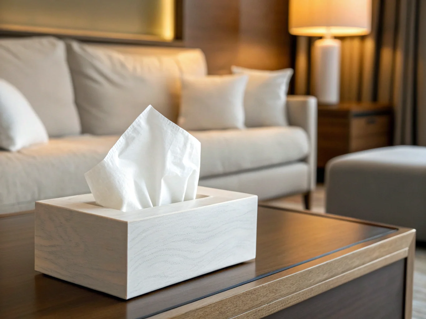 Box of facial tissues on wooden table in living room