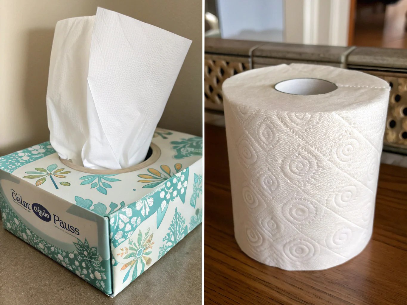 Boxed facial tissues and toilet paper roll on table