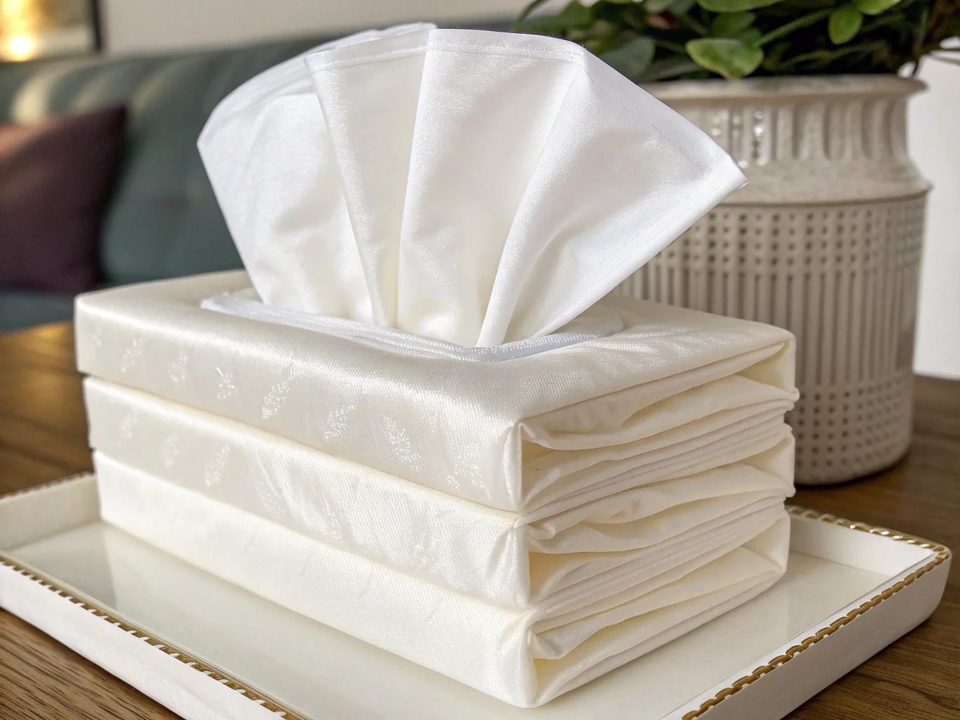 Elegant white tissue box with satin-like packaging and soft tissues