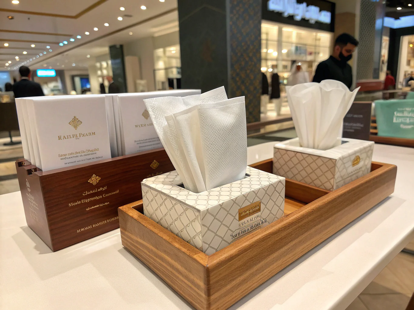 Luxury tissue boxes in wooden trays displayed in a shopping mall setting