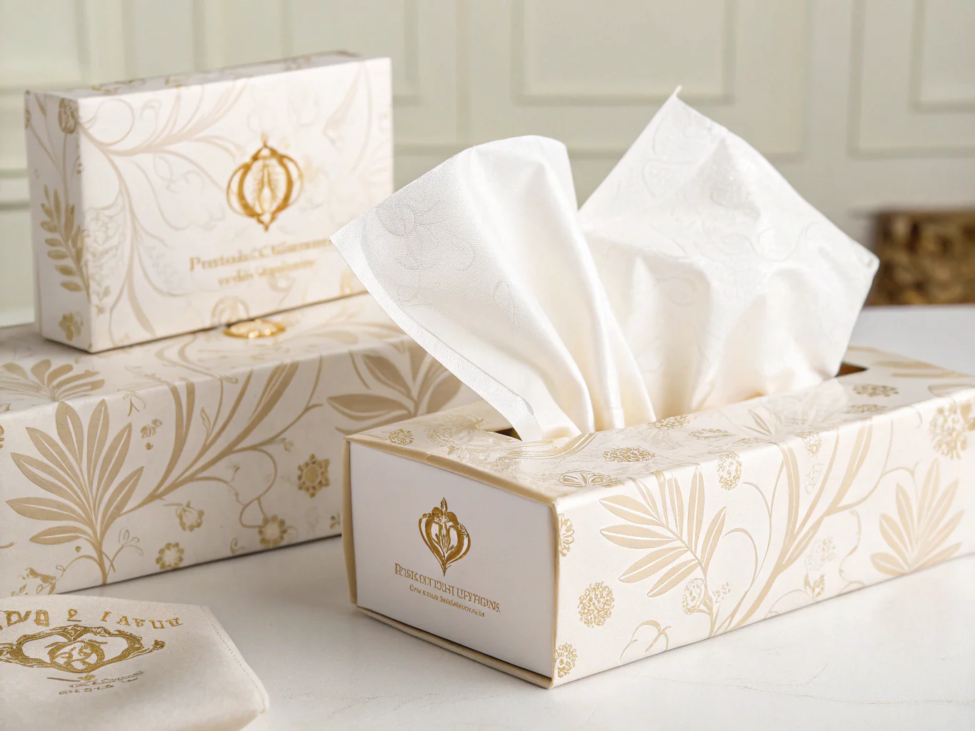 Luxury tissue box with elegant gold floral design and soft facial tissues
