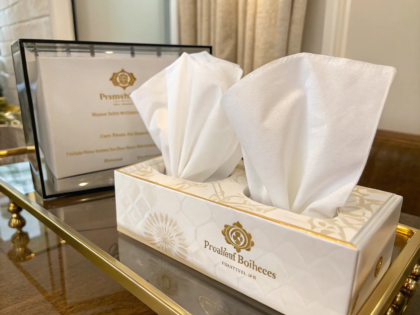 Elegant tissue box with soft white facial tissues on golden tray