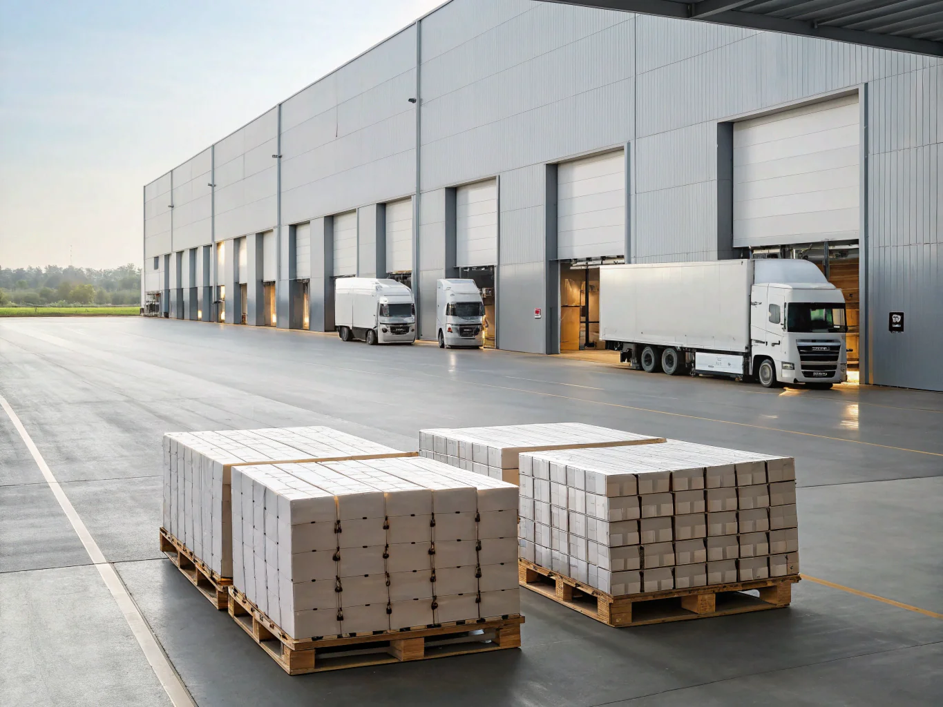 Bulk tissue paper cartons on pallets outside warehouse with trucks