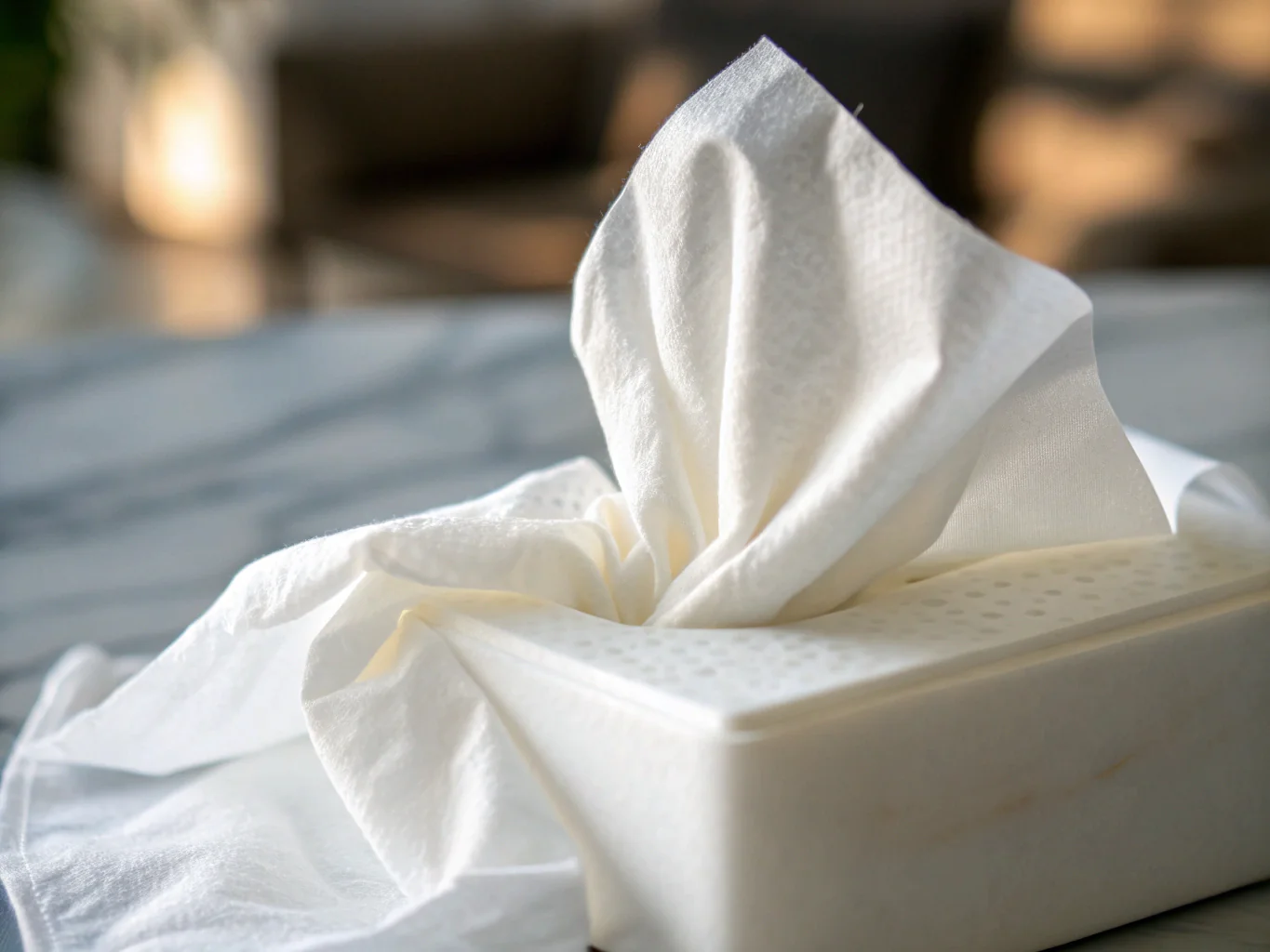 Soft white facial tissues in a rectangular box