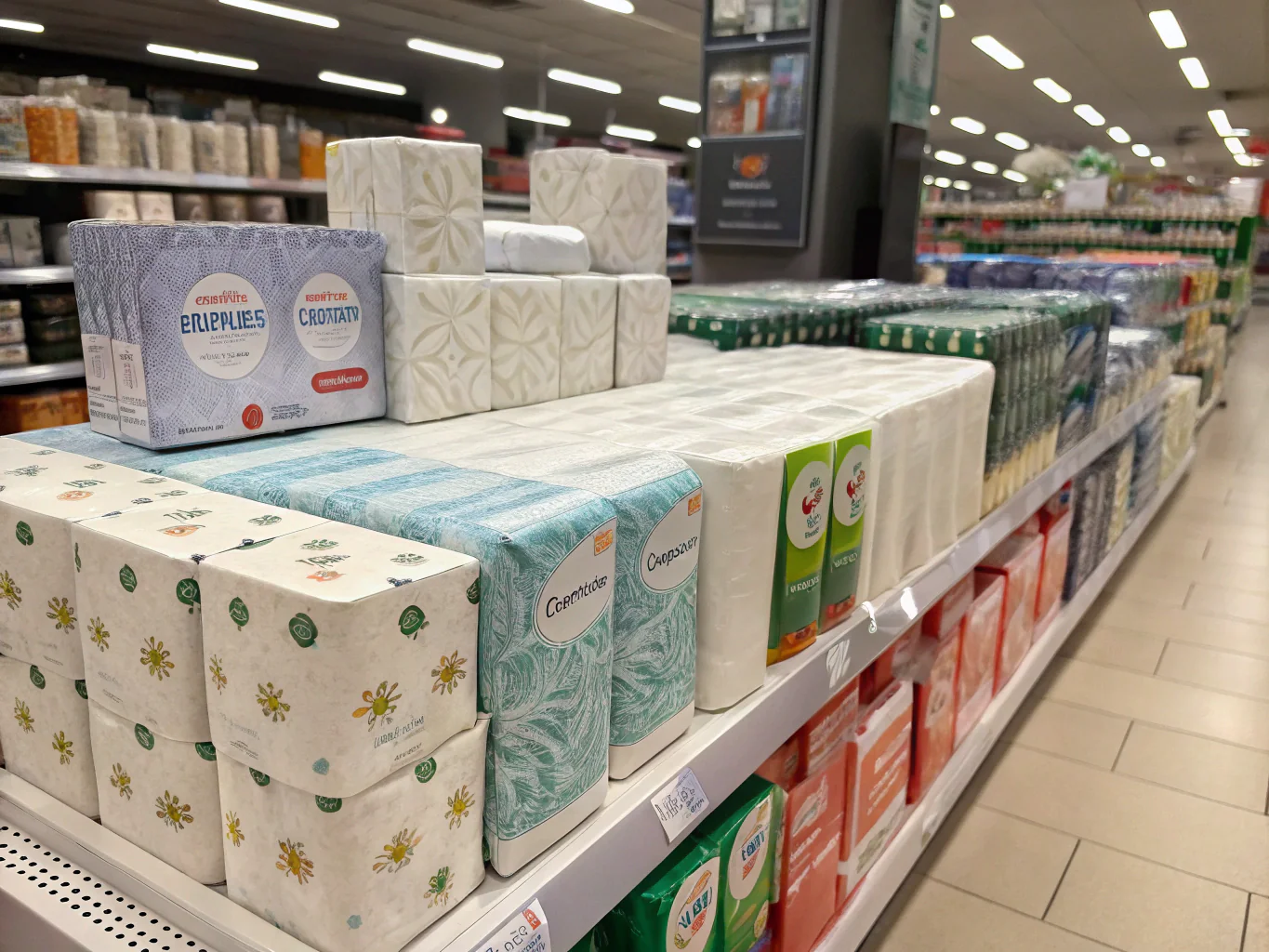 Various tissue paper products displayed on supermarket shelves