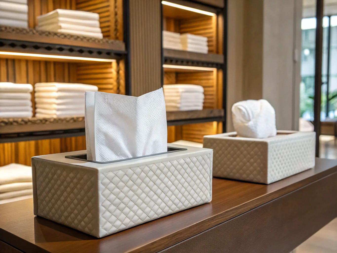 Elegant quilted tissue box holders with soft tissues in luxury setting