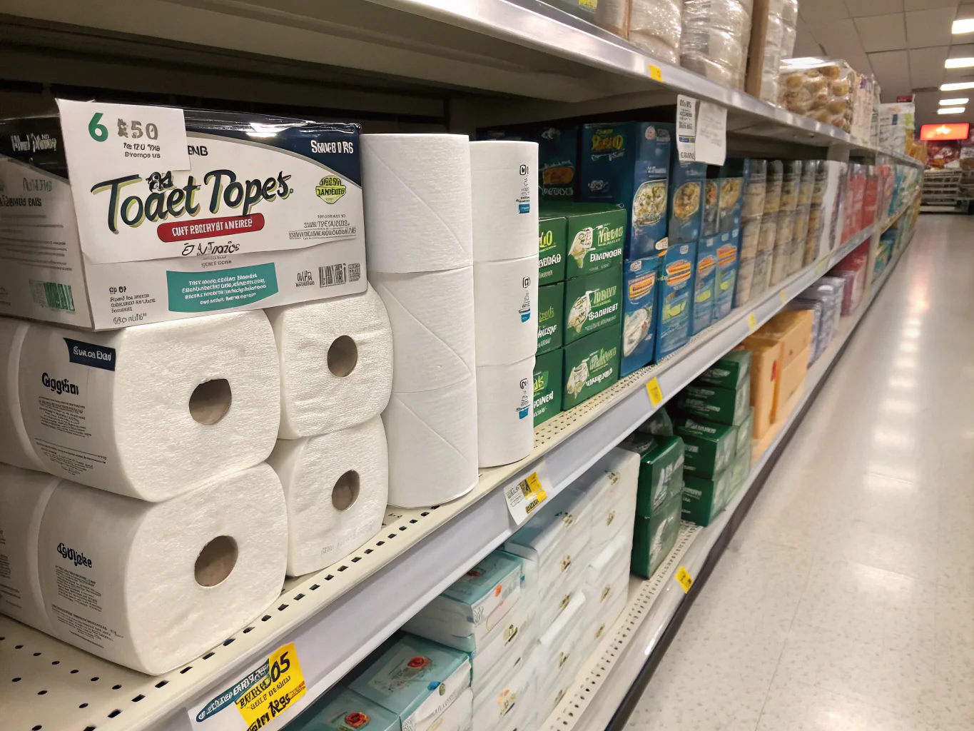 Toilet paper rolls and tissue packs on supermarket shelf