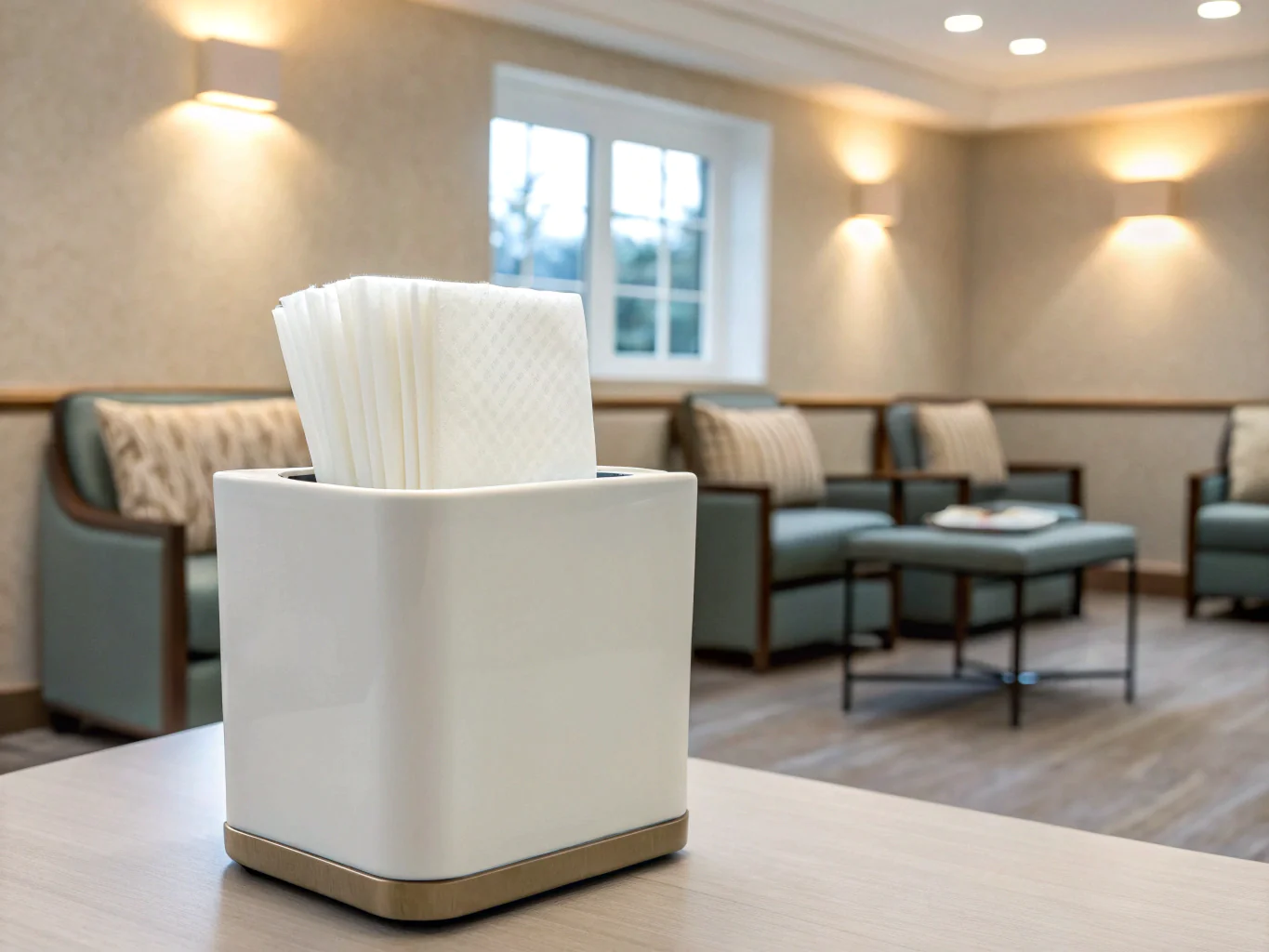 Facial tissues in modern dispenser on table in waiting room