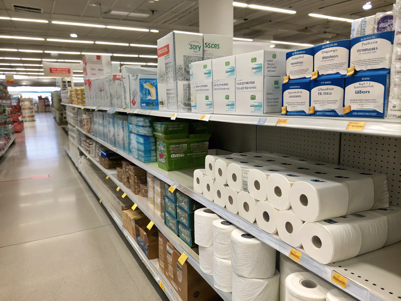 Toilet paper rolls and tissue boxes on supermarket shelves