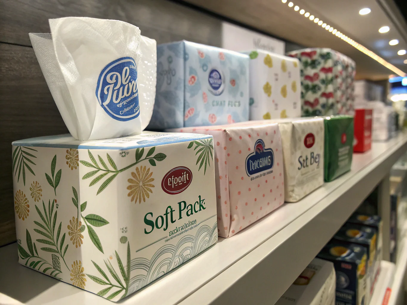 Colorful boxed facial tissues on store shelf