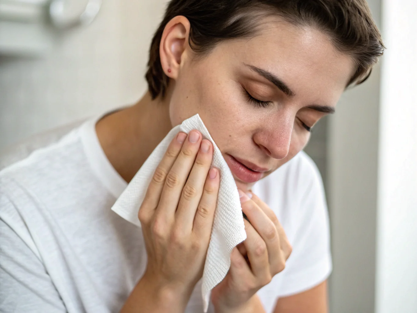 Woman gently wiping face with soft tissue