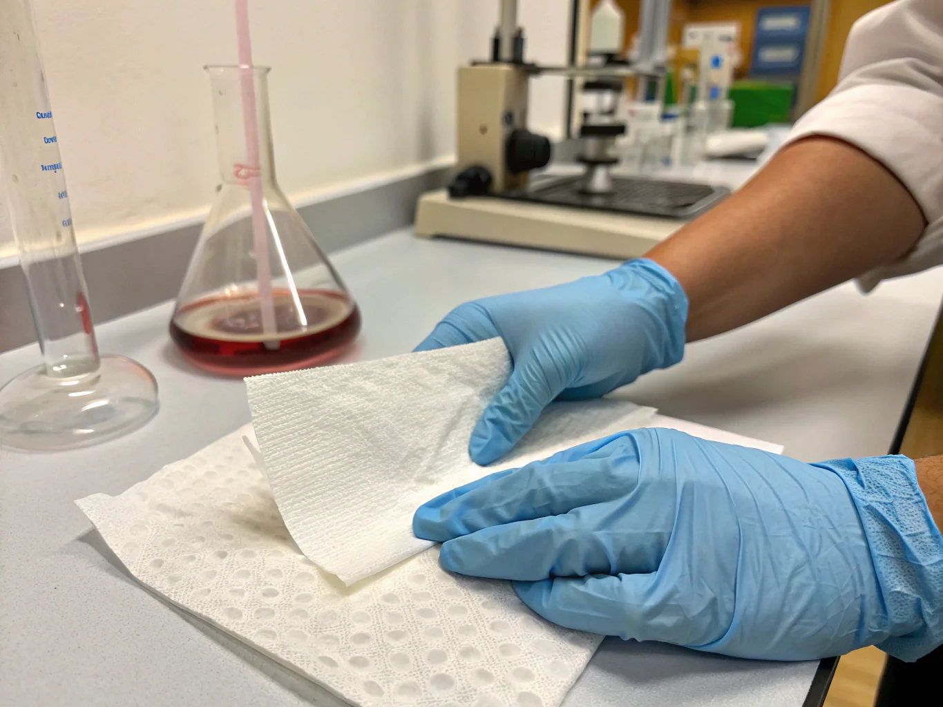 Gloved hands testing tissue paper in laboratory