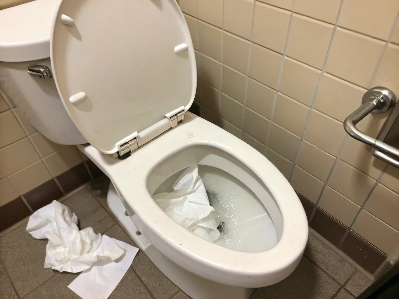 Used tissues in toilet and on bathroom floor