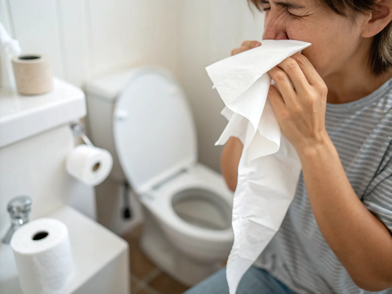 Person blowing nose with tissue in bathroom