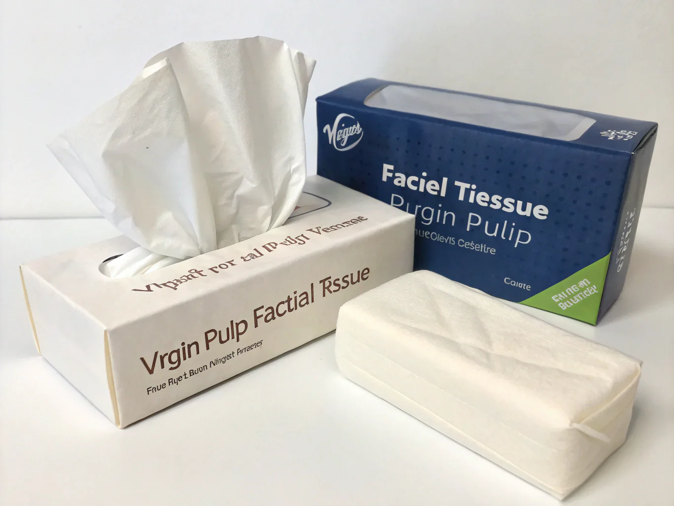 Boxed facial tissues and pocket tissues made from virgin pulp