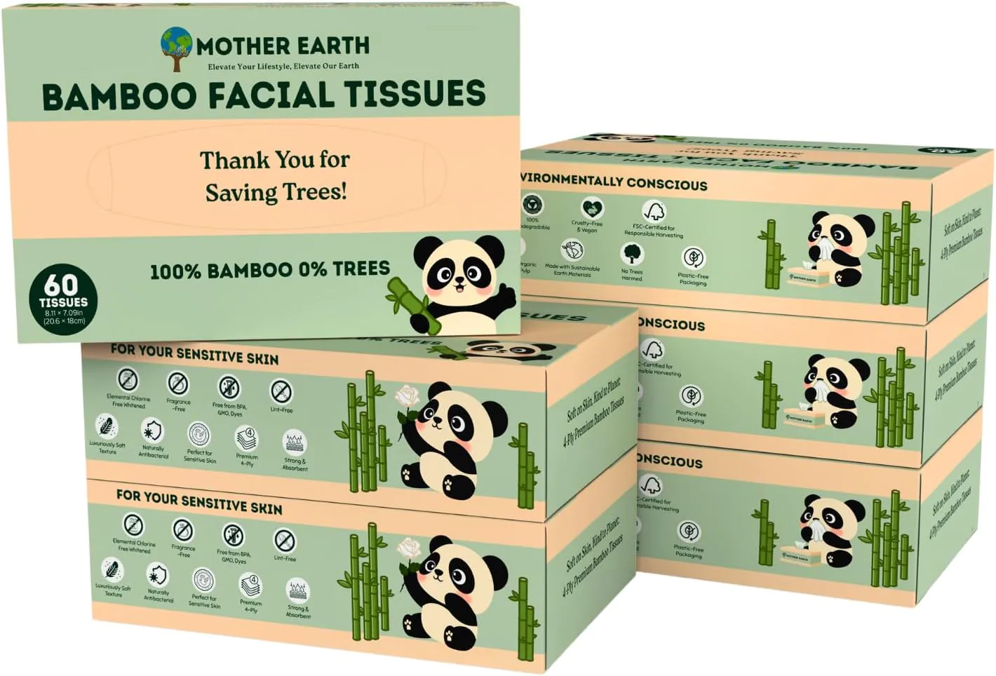 Mother Earth bamboo facial tissue boxes with panda illustrations and eco-friendly labels.