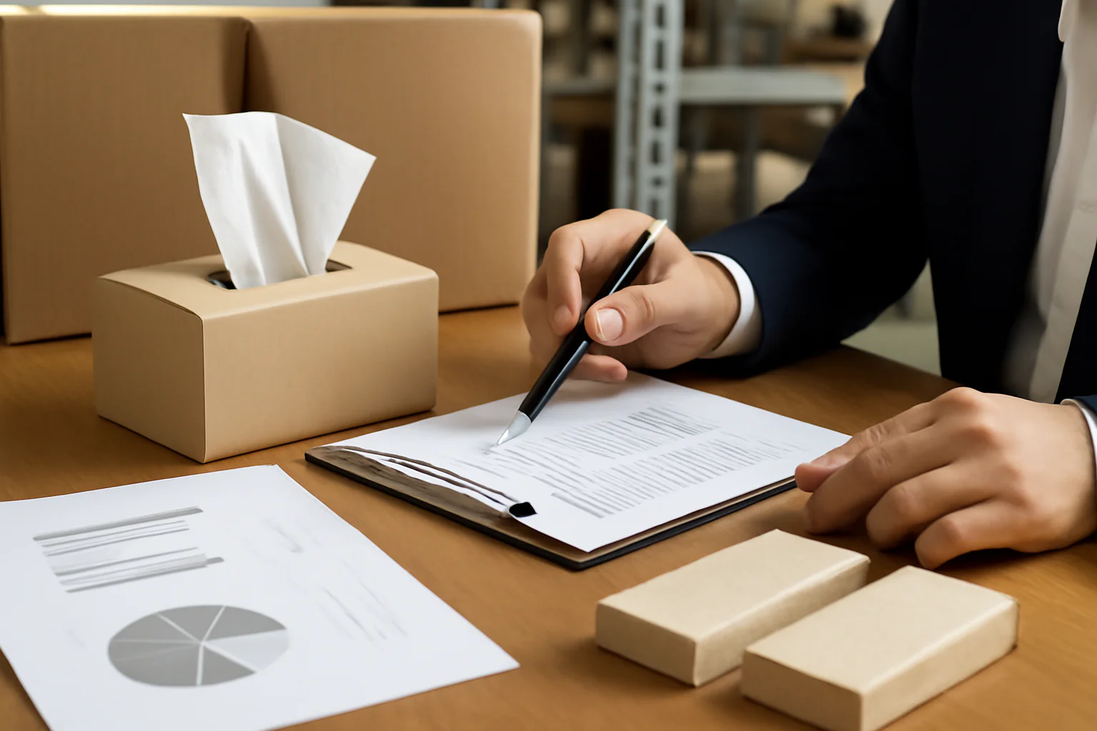 A person reviewing documents next to a tissue box and tissue packages.