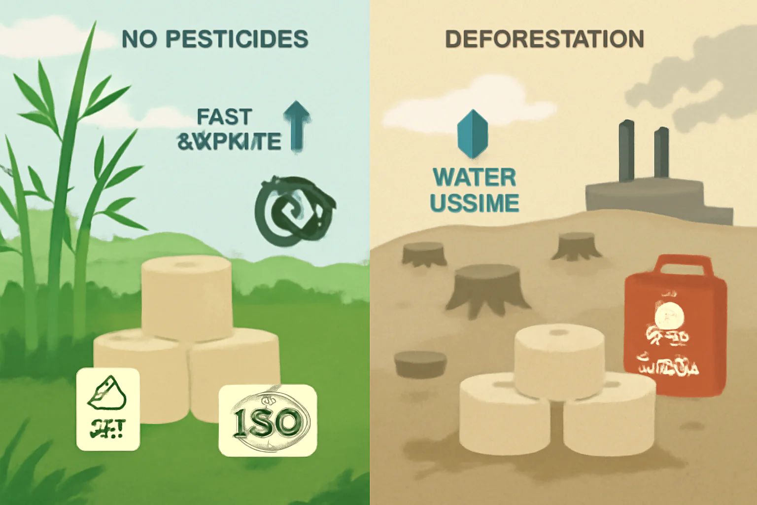 An infographic contrasting the benefits of bamboo (no pesticides, fast growth) vs. deforestation and water usage.