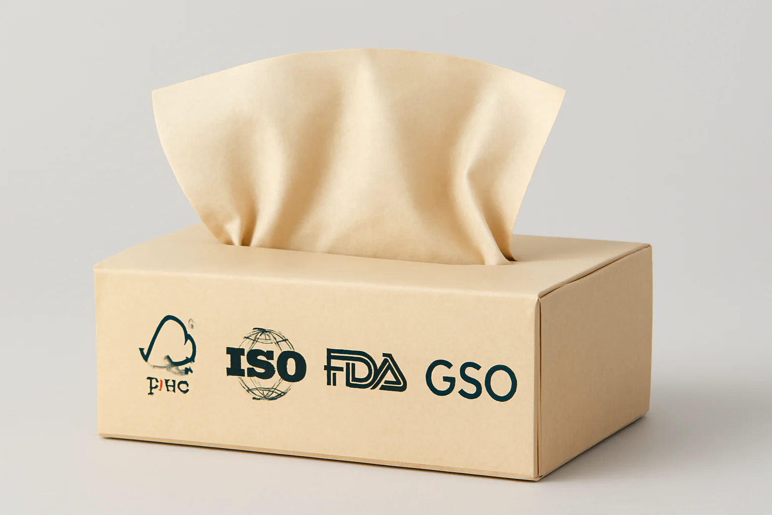 Certified tissue box A tissue box with ISO, FDA, and GSO certifications.
