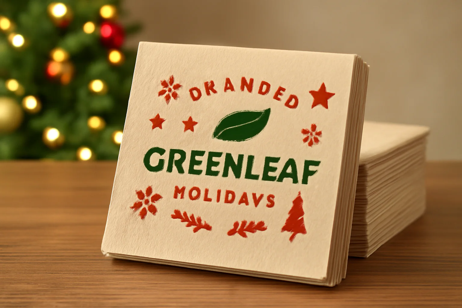 Holiday-themed tissue box with "Greenleaf" branding and festive decorations.