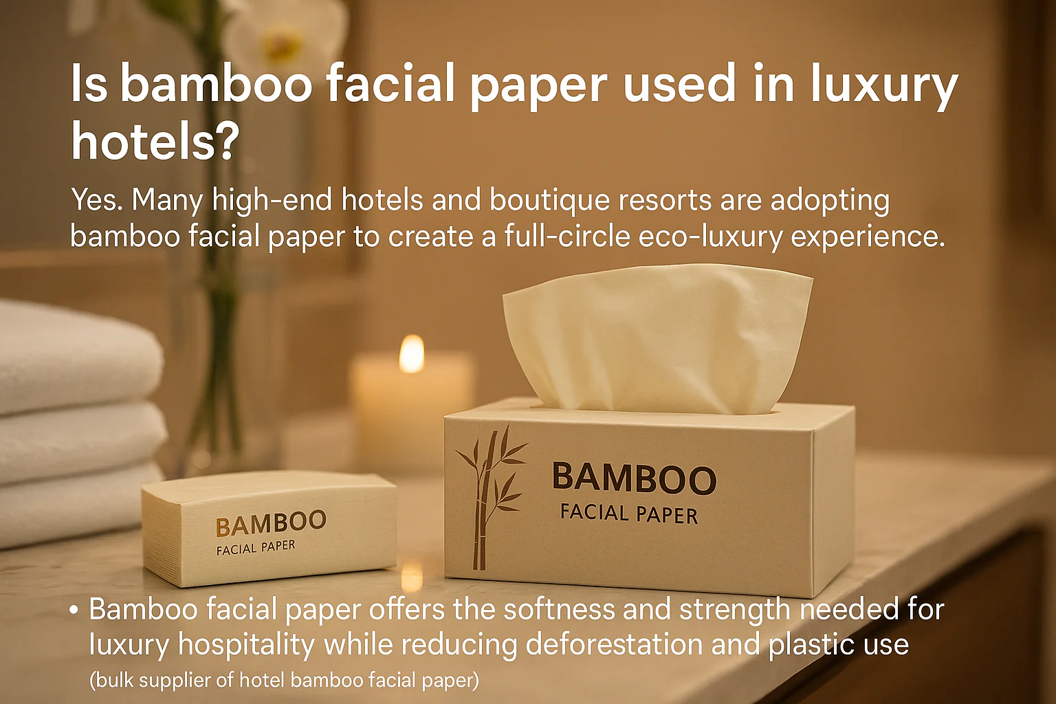 [bamboo facial tissue](https://meserii.com/blogs/bamboo/tissues-benefits?srsltid=AfmBOophV5GitGWz6kudPV9PVumjDAYfhnTW8LRRxiJkOkDFnHfacdP2)[^2] box in hotel bathroom, luxury eco-friendly bamboo paper for hospitality