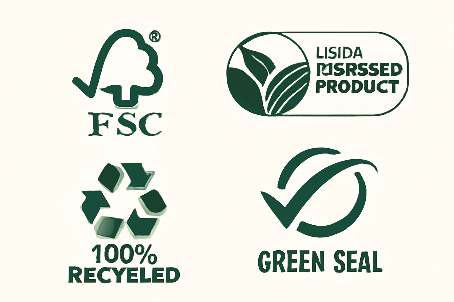 Certification logos including FSC, 100% recycled, Lisida, and Green Seal.