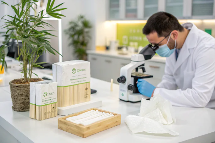 Lab testing bamboo tissue A scientist examining bamboo tissues under a microscope in a lab with bamboo plant.