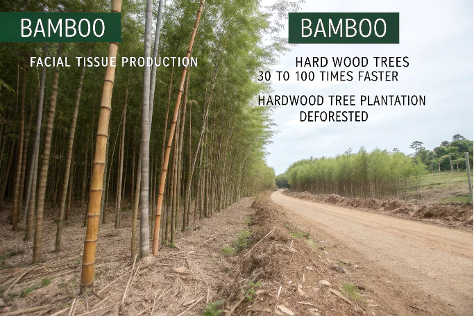 An infographic comparing bamboo and hardwood trees in terms of growth speed and deforestation impact.