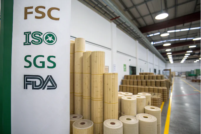 Certifications (FSC, ISO, SGS, FDA) displayed in a bamboo factory with rolls of material.