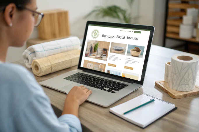 A person browsing bamboo facial tissues online on a laptop.