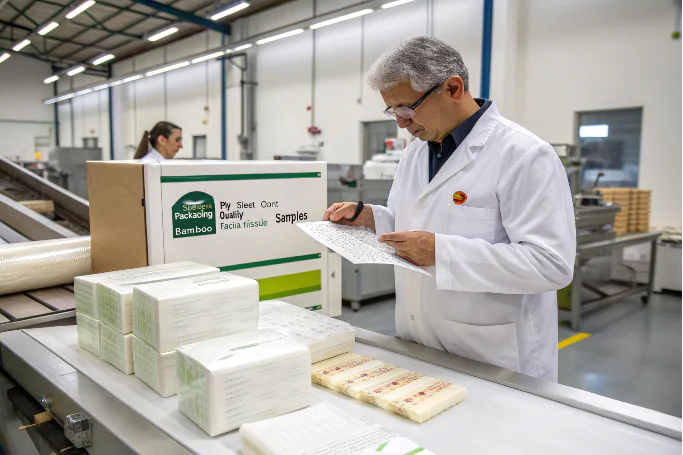 A worker inspecting bamboo tissue samples on the production line.