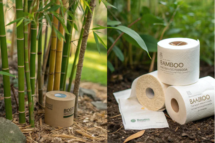 Bamboo toilet paper rolls placed near bamboo plants in the natural environment.