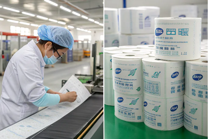 A worker inspecting bamboo tissue rolls on the production line.