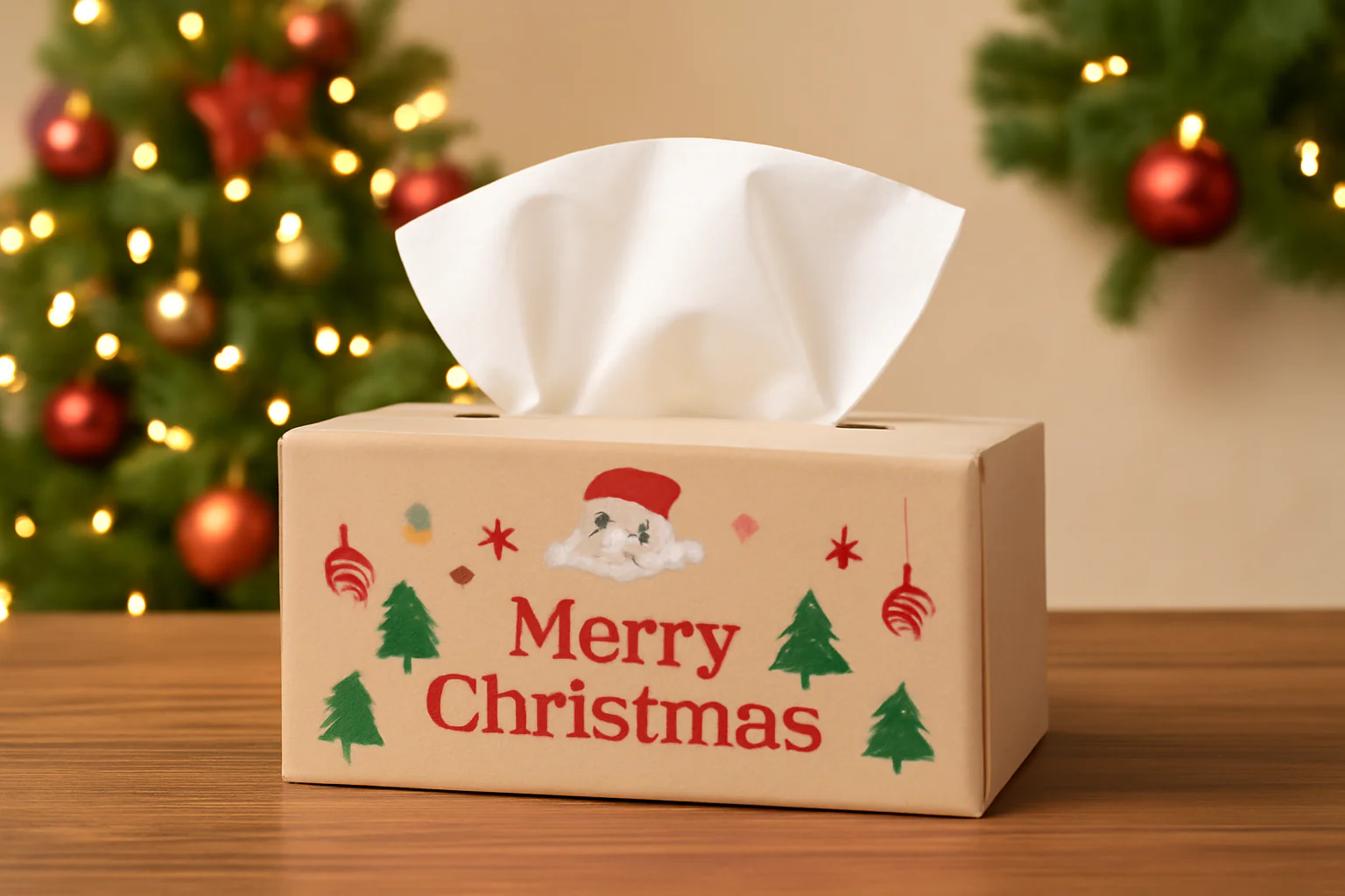 A Christmas-themed tissue box with Santa and tree decorations.