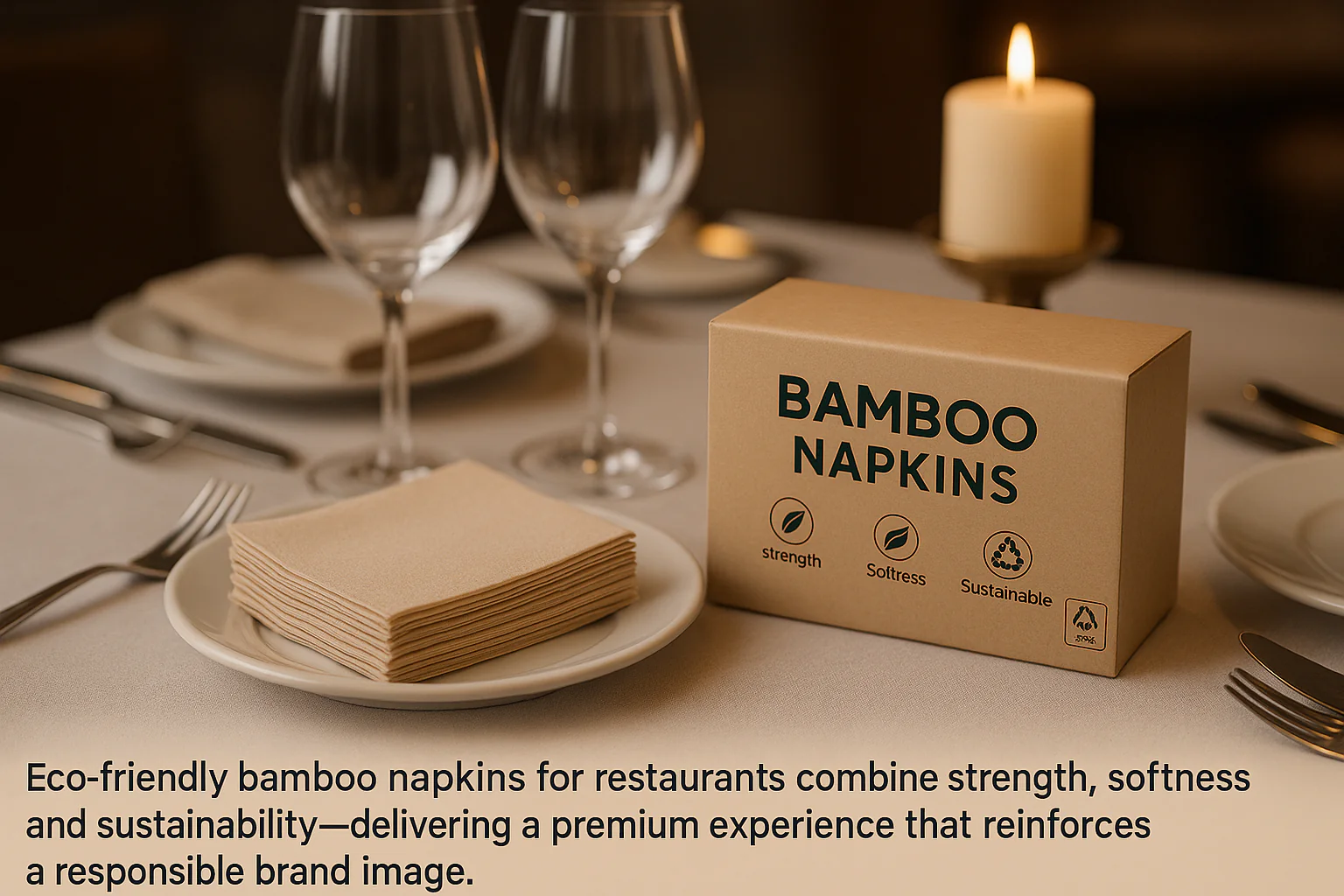 eco-friendly bamboo napkins on restaurant table, sustainable soft paper napkin packaging