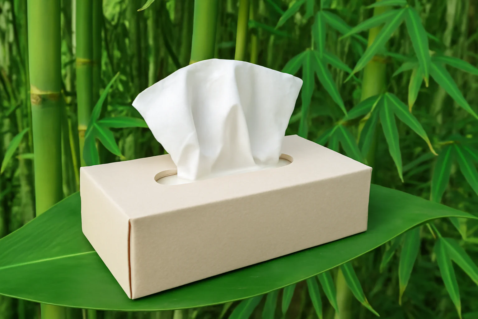 A bamboo tissue box placed on a green leaf in front of bamboo plants.