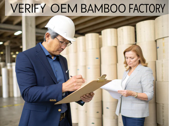 A man and a woman inspecting a bamboo factory with rolls of material.