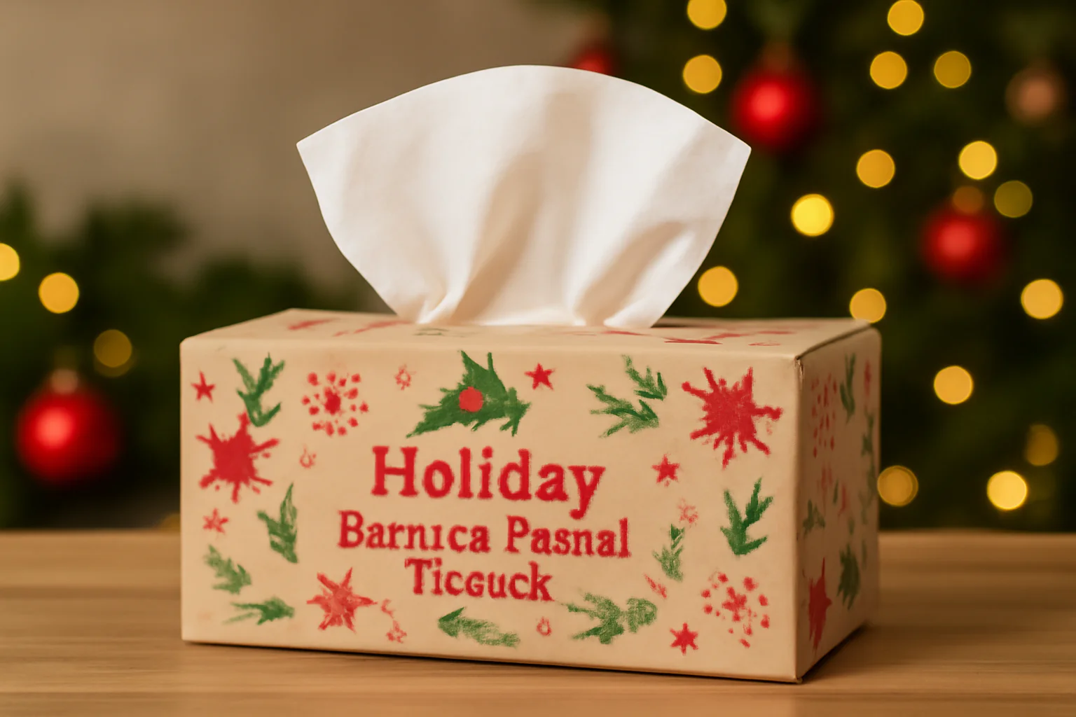 A holiday-themed tissue box with festive decorations on a table.
