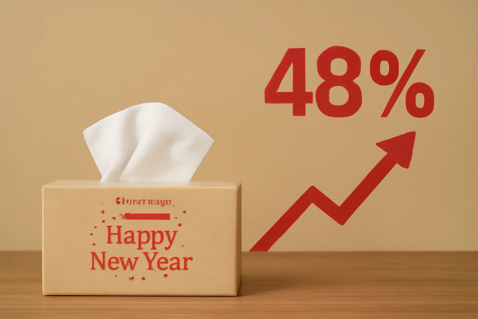 A "Happy New Year" tissue box with a 48% growth graph illustration.